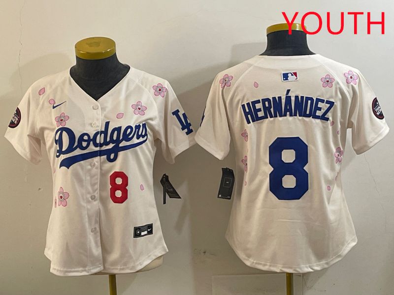 Youth Los Angeles Dodgers #8 Hernandez Cream Sakura Edition 2025 Nike MLB Jersey style 6->youth mlb jersey->Youth Jersey